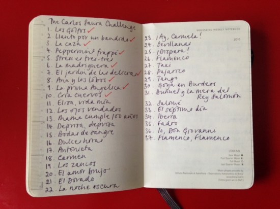 the Carlos Saura Challenge - the list of films an image of the Carlos Saura Challenge recorded in my notebook